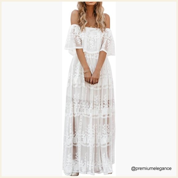 Off Shoulder Lace Maxi Dress Boho Bridesmaid Wedding Party Evening